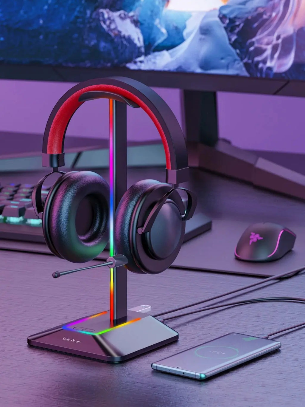 INIVEX Aura RGB Headset Stand with Dual USB Charging