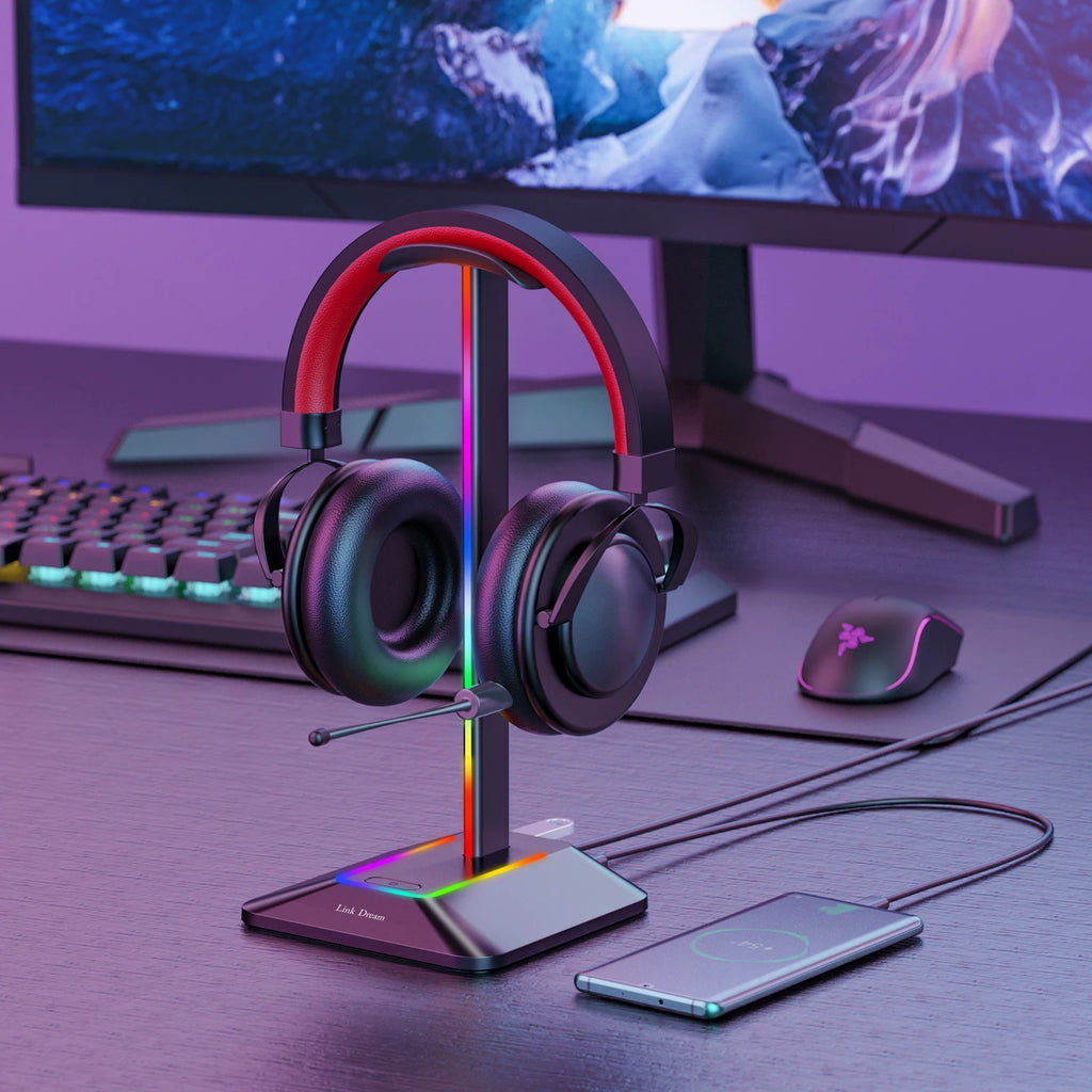 INIVEX Aura RGB Headset Stand with Dual USB Charging