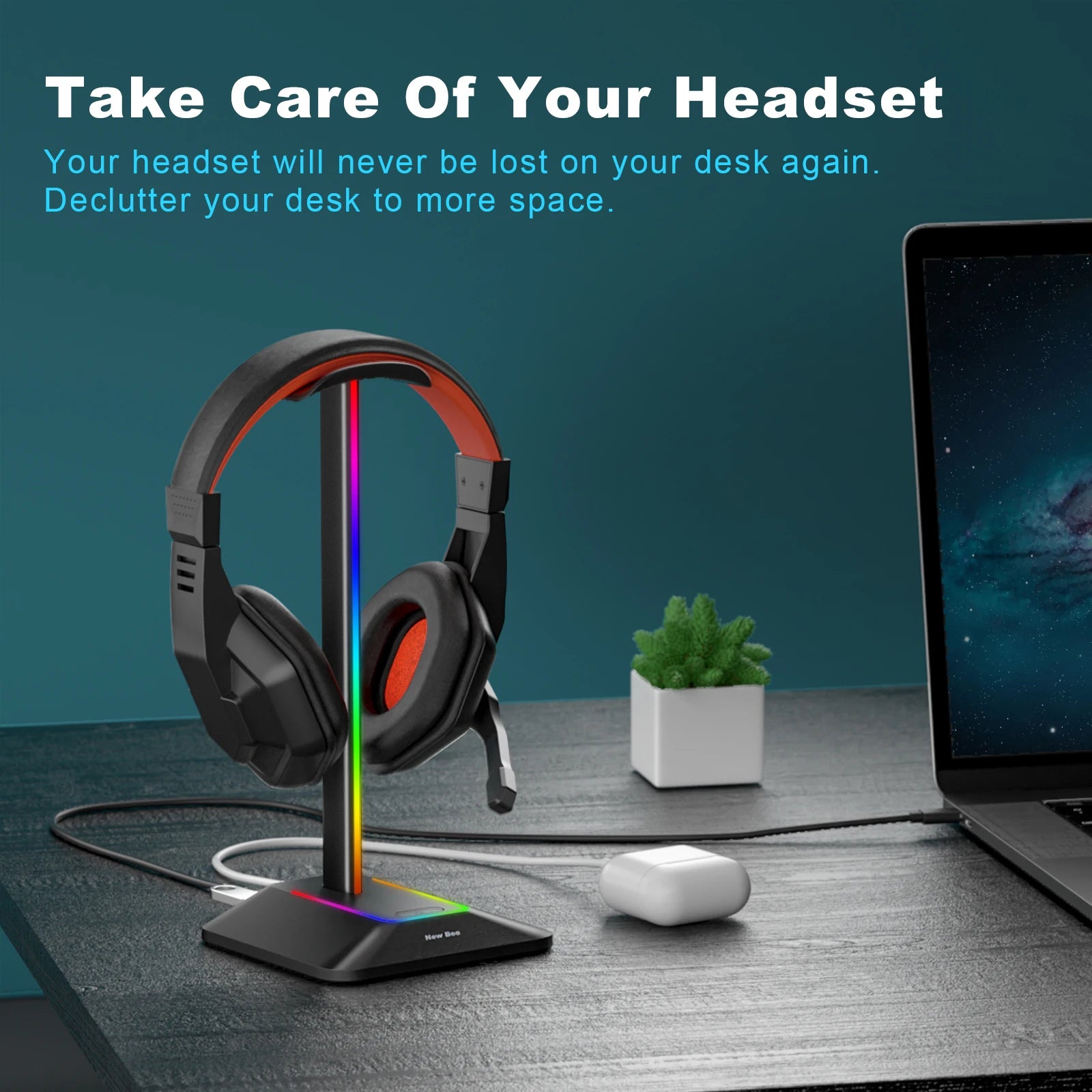 INIVEX Aura RGB Headset Stand with Dual USB Charging