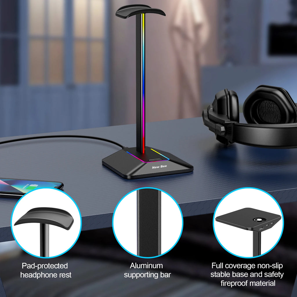 INIVEX Aura RGB Headset Stand with Dual USB Charging