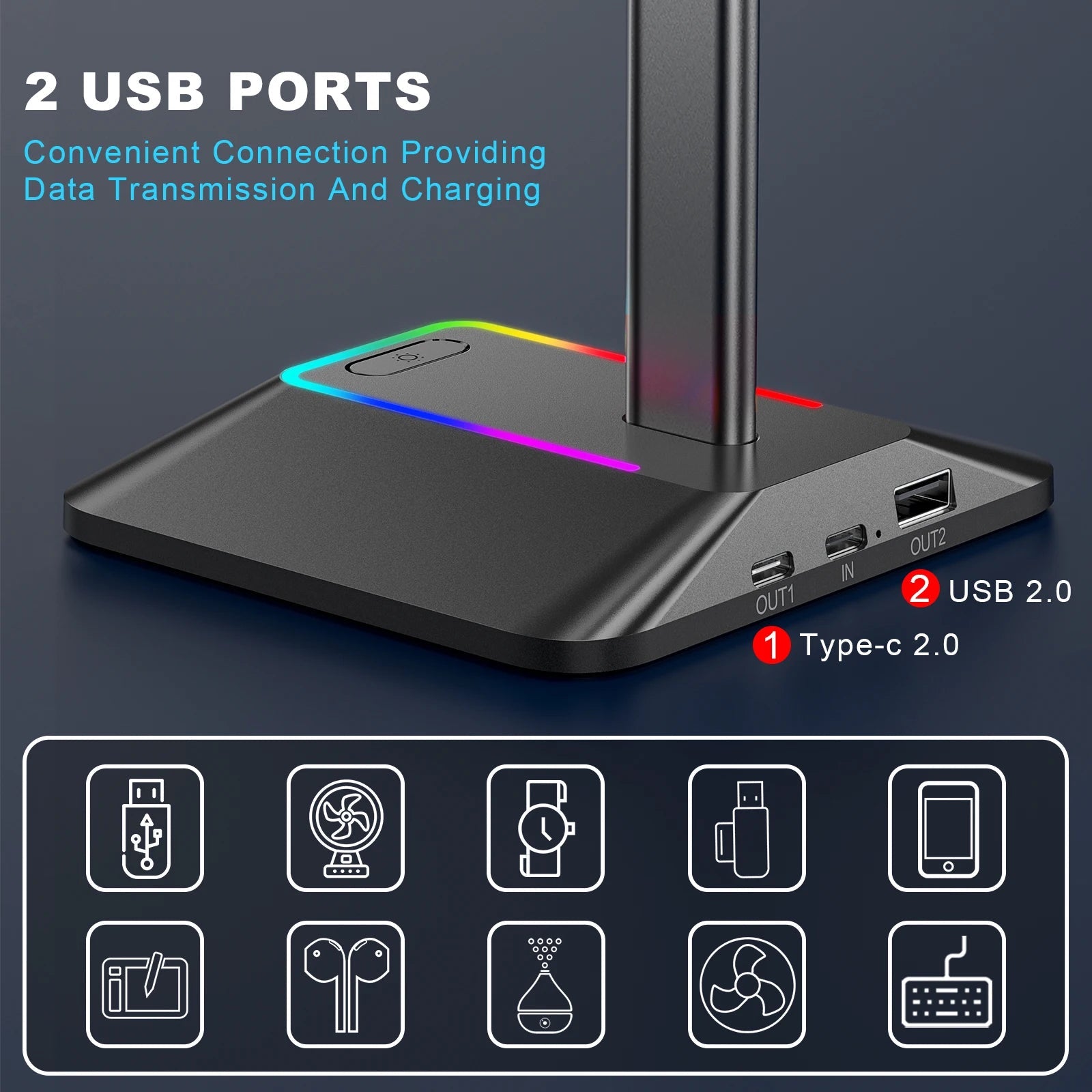 INIVEX Aura RGB Headset Stand with Dual USB Charging - INIVEX